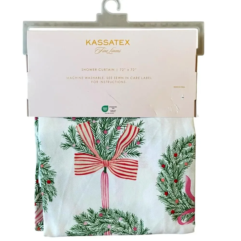 Kassatex Christmas Wreath Bow Fabric Shower Curtain 72x72 Chic Holiday Bath NEW